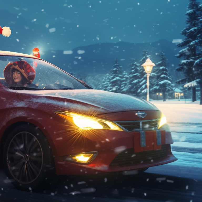 Two anime characters outfitted in Christmas attire, within a vintage car adorned with holly and lights. optimized christmas car images pfp for discord.