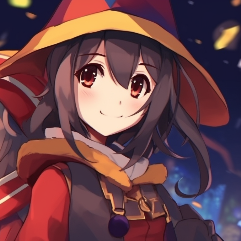 Two characters in dynamic poses with magic elements, characterized by vibrant colors and bold lines. matching megumin christmas pfp choices pfp for discord.