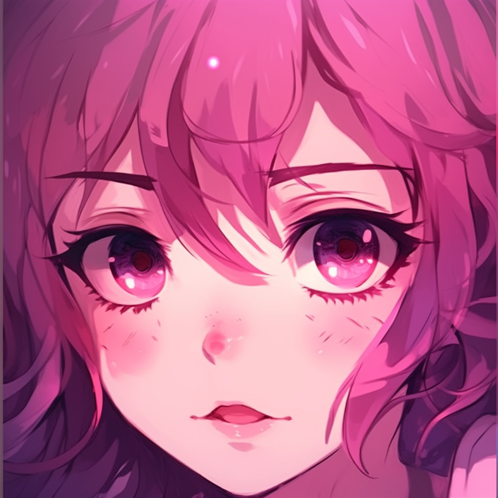 Anime character's face half-hidden in shadows, highlighted by rich pink tones. dark tones in pink anime pfp