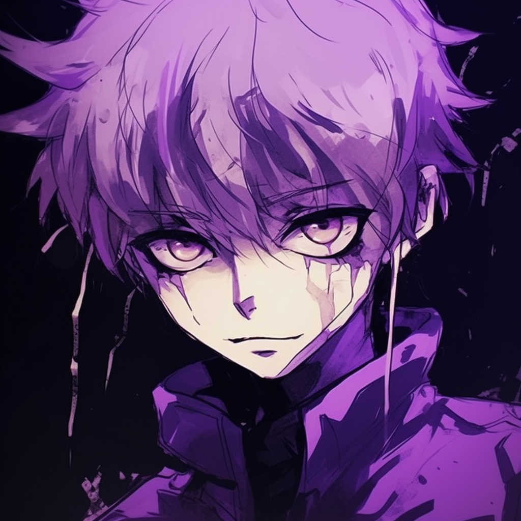 Manga character presented with expressive purple shadows, building a mood of suspense. purple anime art pfp pfp for discord.