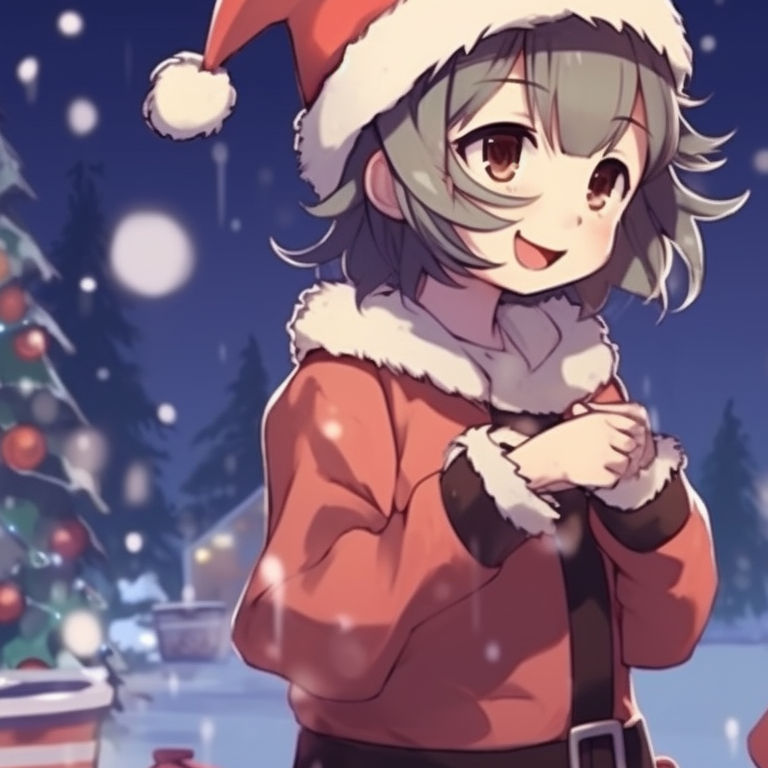 Two characters ice skating, wearing matching winter outfits, set against a winter wonderland, the scene is peppered with falling snowflakes. creative matching christmas discord pfp pfp for discord.