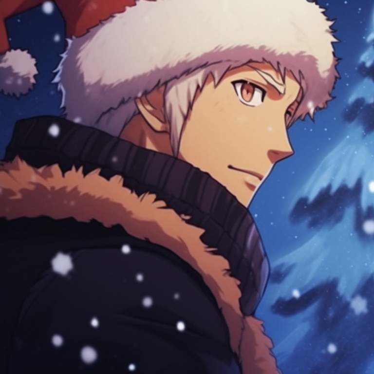 Gaara in front of a snowfall, wielding a christmas ornament with a determined expression. best matching christmas naruto pfp pfp for discord.