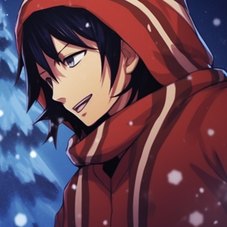 Gaara in front of a snowfall, wielding a christmas ornament with a determined expression. best matching christmas naruto pfp pfp for discord.