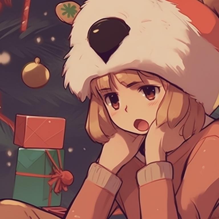 Two characters by the Christmas tree, muted colors and retro designs, sharing a warm gaze. matching retro aesthetic cartoon pfp christmas inspirations pfp for discord.