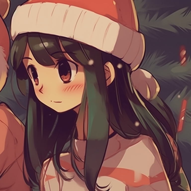 Two characters by the Christmas tree, muted colors and retro designs, sharing a warm gaze. matching retro aesthetic cartoon pfp christmas inspirations pfp for discord.