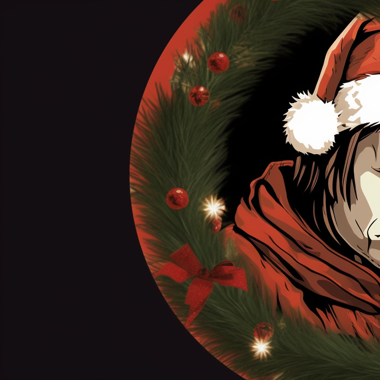Split image of Michael Myers in a Santa hat; on one side he ominously lurks behind a festive background, while on the other side he raises a candy cane as a weapon, bringing a chilling touch to the traditional Christmas spirit. christmas themed michael myers pfp pfp for discord.