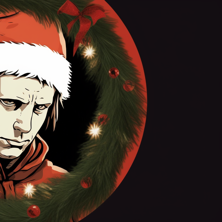 Split image of Michael Myers in a Santa hat; on one side he ominously lurks behind a festive background, while on the other side he raises a candy cane as a weapon, bringing a chilling touch to the traditional Christmas spirit. christmas themed michael myers pfp pfp for discord.