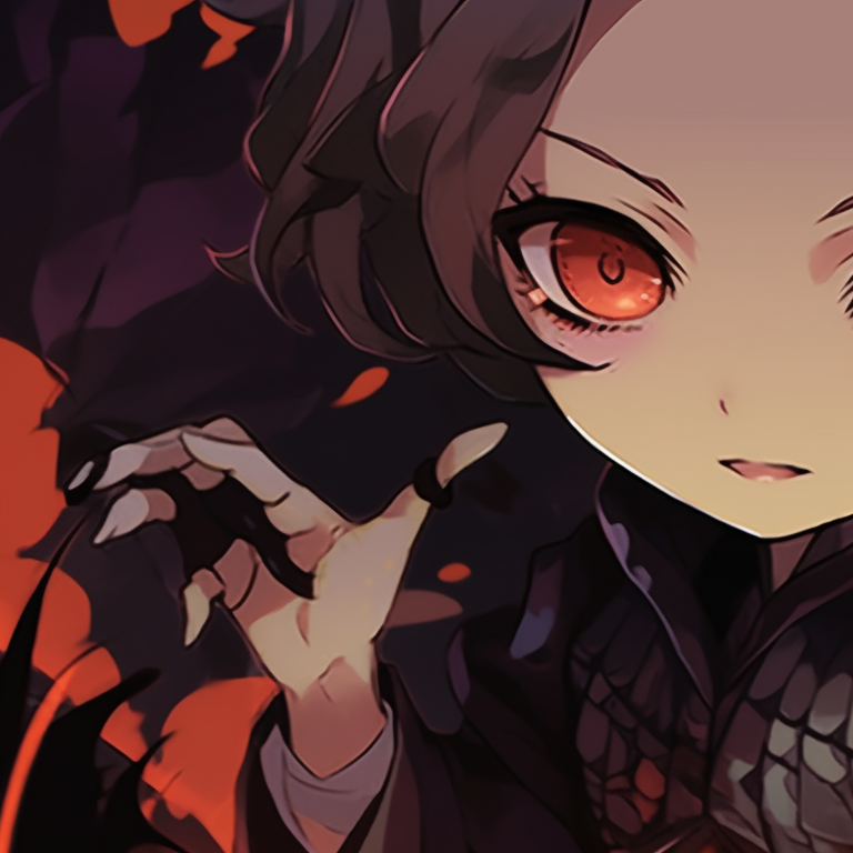 Two characters under a purple haunted sky, contrast of their bright auras against the eerie backdrop, caught mid-action. matching demon slayer pfp halloween theme illustrations pfp for discord.