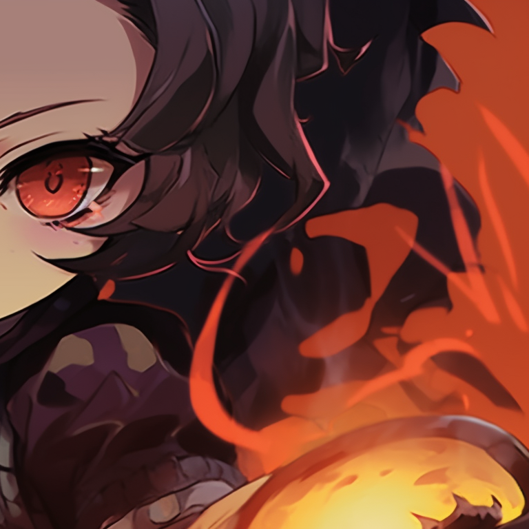 Two characters under a purple haunted sky, contrast of their bright auras against the eerie backdrop, caught mid-action. matching demon slayer pfp halloween theme illustrations pfp for discord.