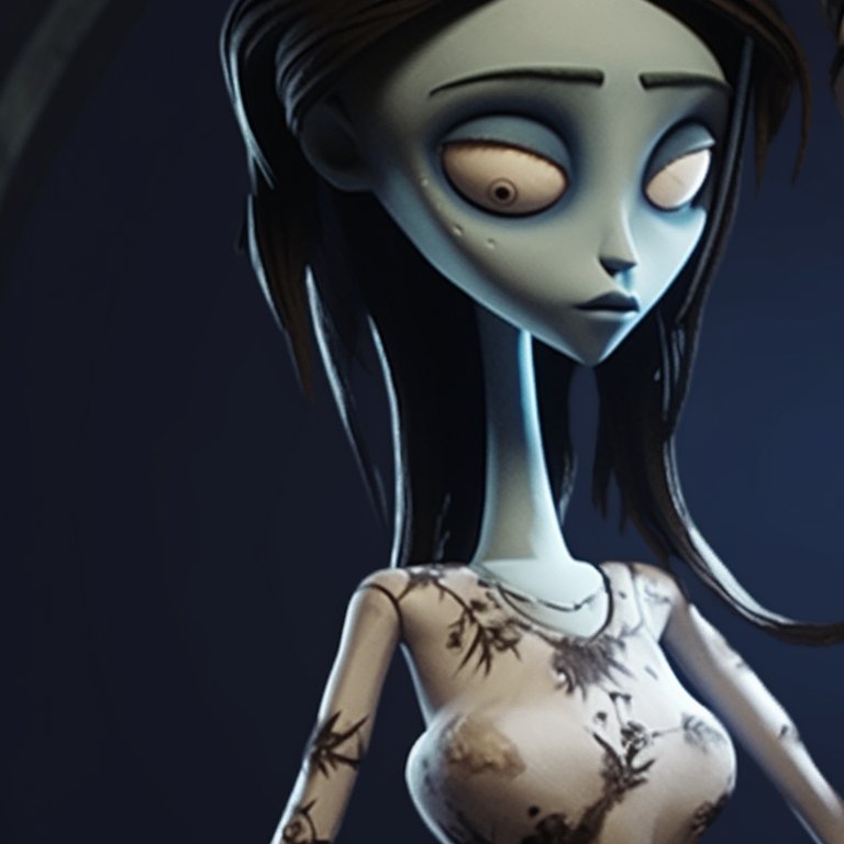 Close-up depiction of the characters expressing differing moods; terror and excitement set against a dark backdrop. burton's corpse bride matching pfp pfp for discord.