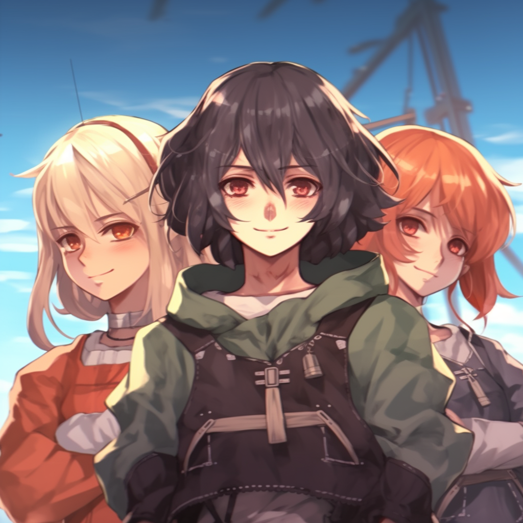 Three close anime friends, with distinct outfits and glossy shading. cute anime trio pfp pfp for discord.