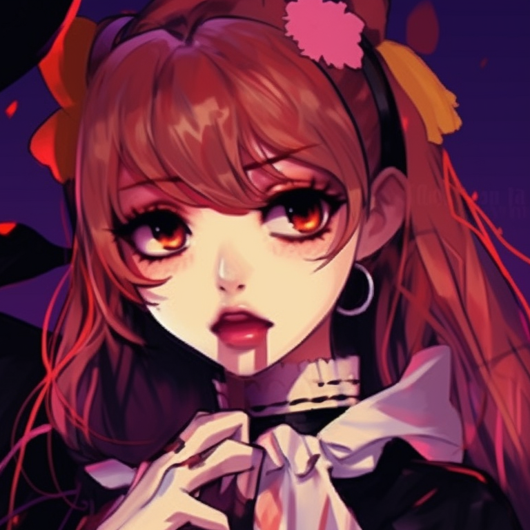 Two K-pop characters in haunting melody, subtle pastel ambiance, each holding half of a broken vinyl. kpop halloween theme matching pfp inspirations pfp for discord.