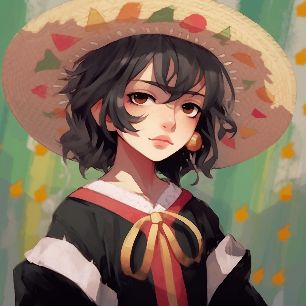 A close-up of a Mexican anime girl, adorned with a sombrero, showcasing meticulous details and bold, bright colors. fantastic mexican anime pfp selections pfp for discord.