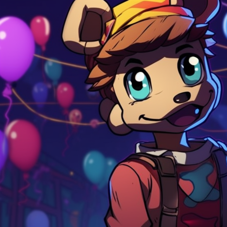 Balloon Boy and JJ in an arcade setting, vibrant neon colors, giving a playful vibe. find your perfect fnaf matching pfp pfp for discord.