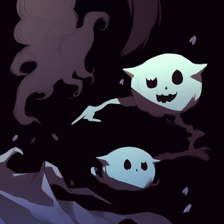 Two characters in ghost costumes, with a thick bold art style and vivid orange and black Halloween colors. creative matching ghost pfp halloween theme collection pfp for discord.