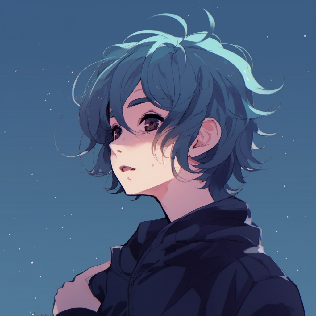 Anime character looking out into a calm ocean, smooth textures and gradient hues. modern chill anime pfp