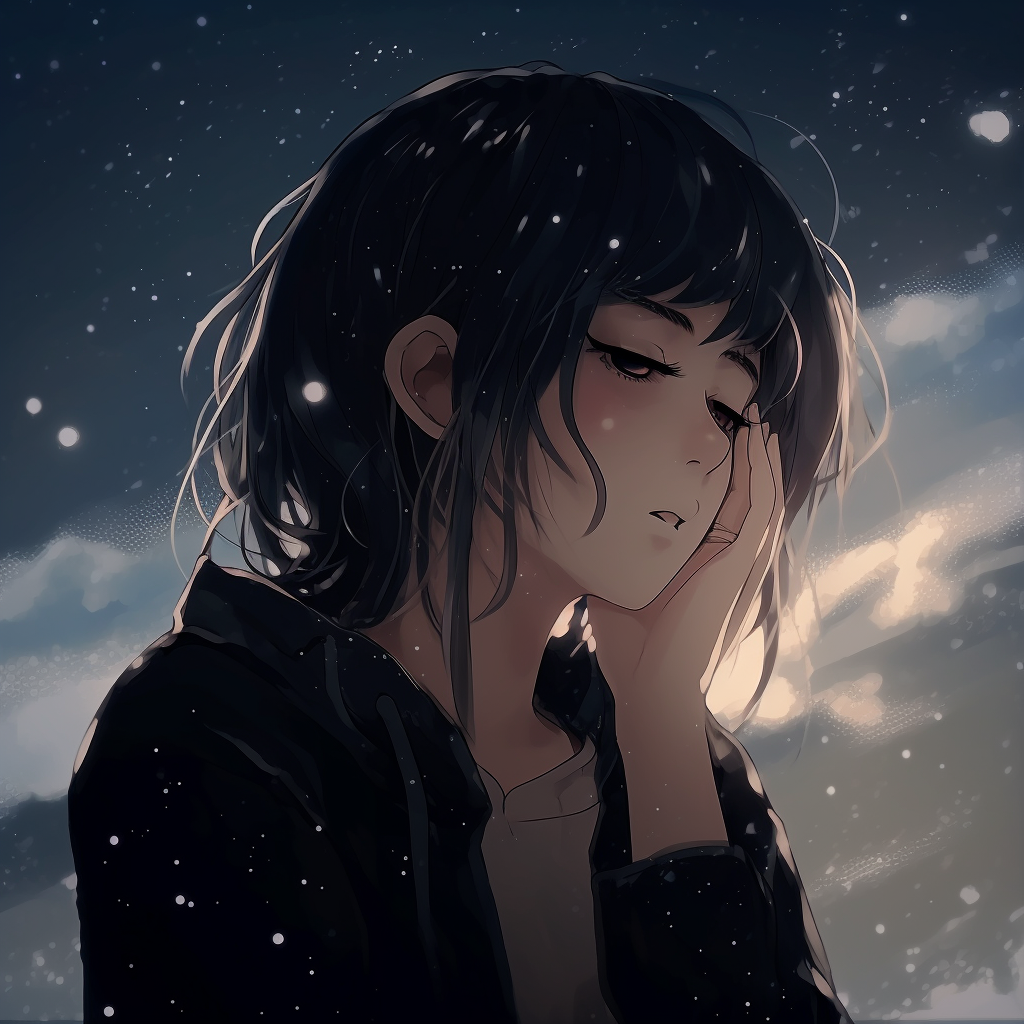 Anime girl gazing upwards, eyes sparkling like stars against the dark sky. anime aesthetic pfp for girls