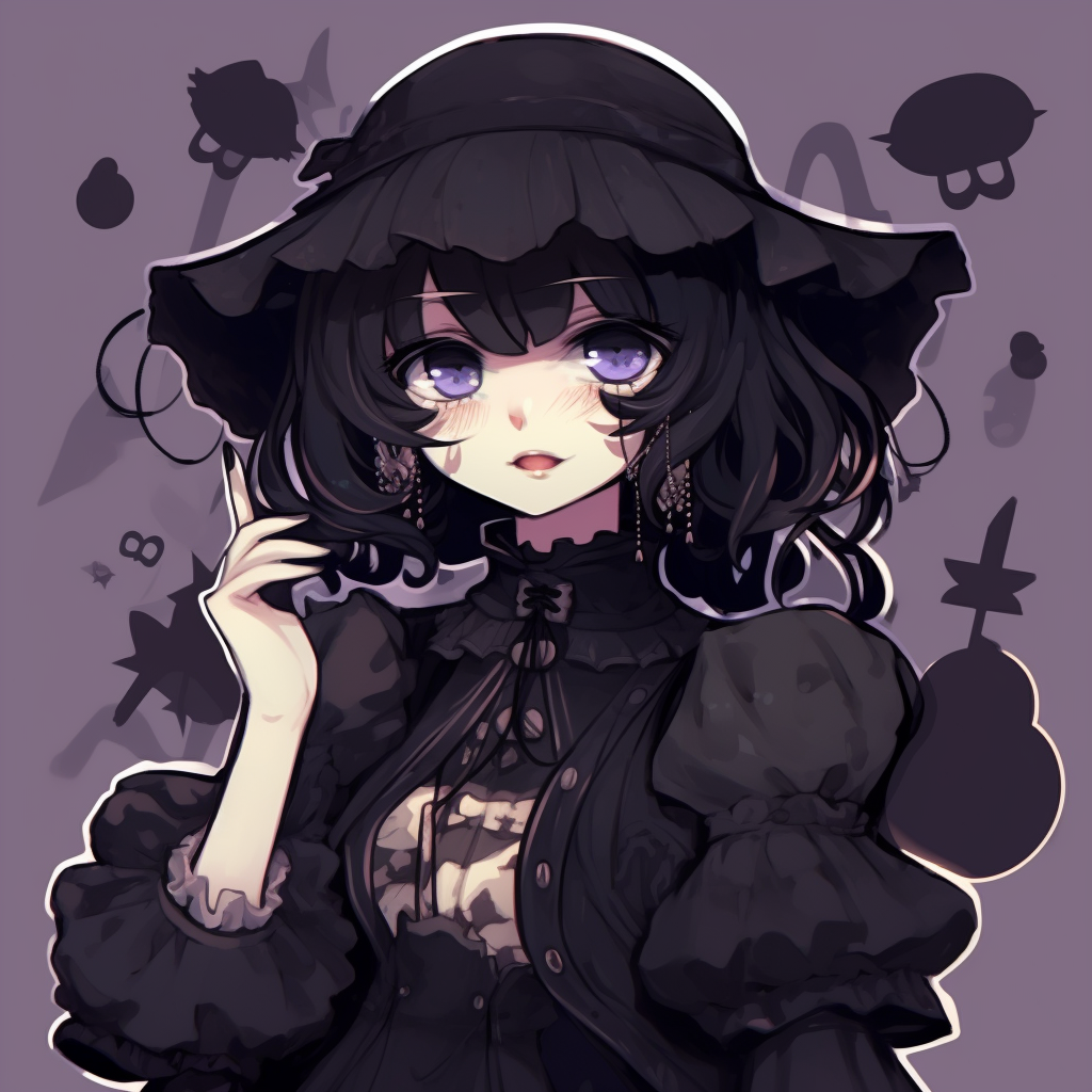 Anime character in a gothic lolita outfit, dark color palette with intricate lace details. unique emo anime pfp