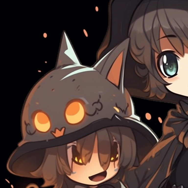Five characters, distinguished by spooky, glowing eyes, set in robust contrast to the dim backdrop. perfect halloween matching pfp for group of 5 pfp for discord.