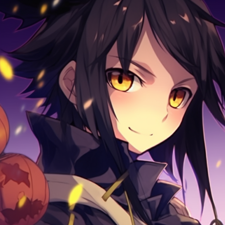 Shinobu and Giyuu in themed Halloween costumes, dark and vibrant colors accentuating the night scene. diy halloween themed matching pfp for shinobu and giyuu pfp for discord.