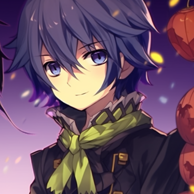 Shinobu and Giyuu in themed Halloween costumes, dark and vibrant colors accentuating the night scene. diy halloween themed matching pfp for shinobu and giyuu pfp for discord.