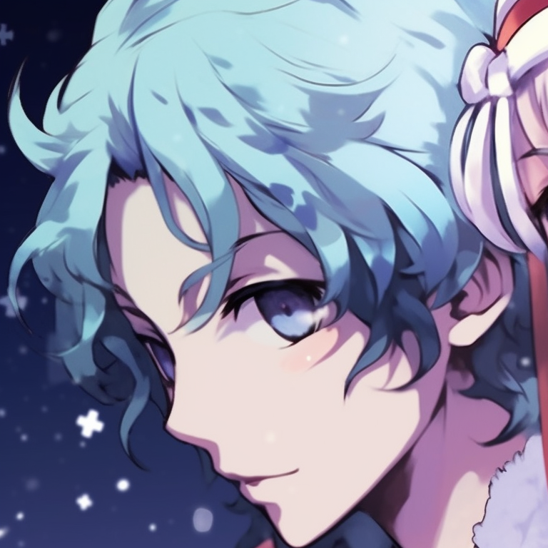 Two characters, serene expressions, pastel colors and snowy backdrop, anime christmas demon slayer pfps pfp for discord.