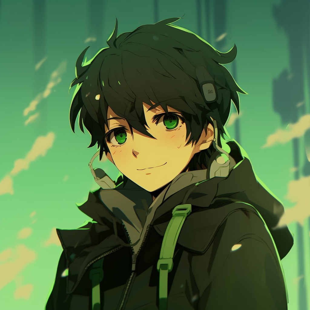 Anime profile picture in soothing forest shades, unique blend of pastel and vibrant colors. moss green anime pfp selections