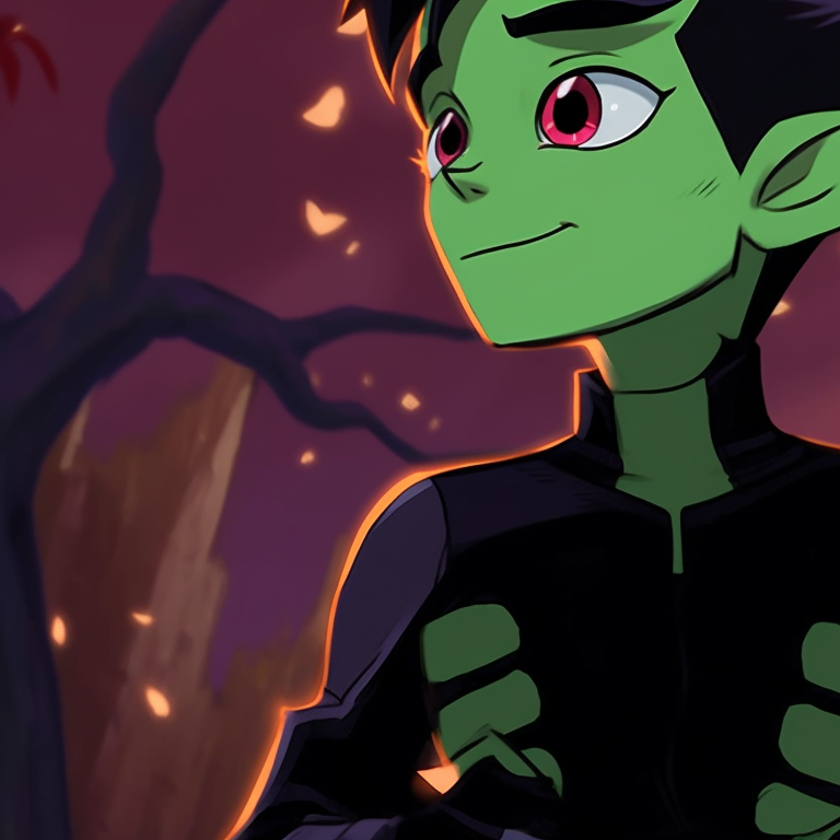 Beastboy and Raven in Halloween themed outfits, with predominant green and purple colors, emphasizing their signature color scheme. beastboy and raven pfp halloween cosplay pfp for discord.