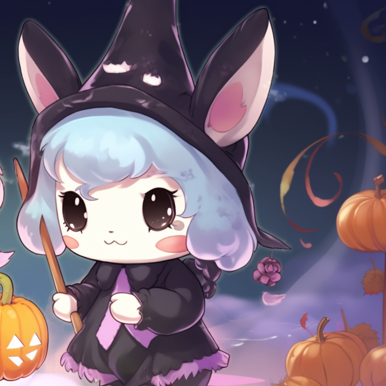 Two characters as witchy rabbits, pastel tones with magical sparkle effect, broomsticks touching. pfp pair animal halloween theme pfp for discord.