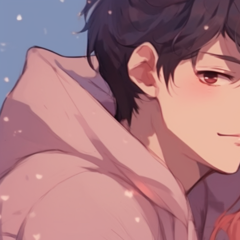 Two characters whispering sweetly to one another, the surroundings blurred to focus on their faces, tones of deep rich colors. cuddly matching pfp for bf and gf pfp for discord.