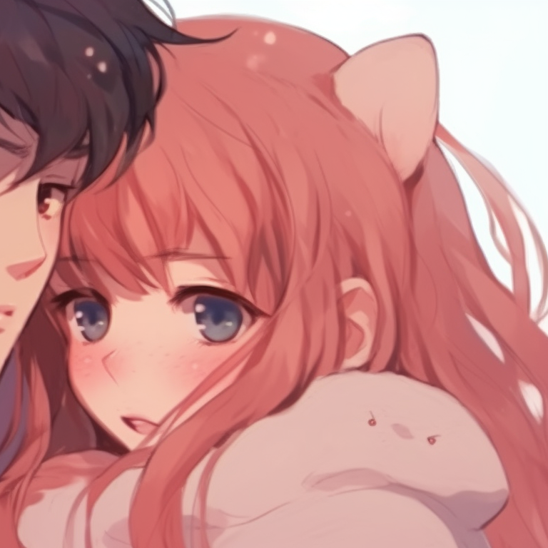 Two characters whispering sweetly to one another, the surroundings blurred to focus on their faces, tones of deep rich colors. cuddly matching pfp for bf and gf pfp for discord.