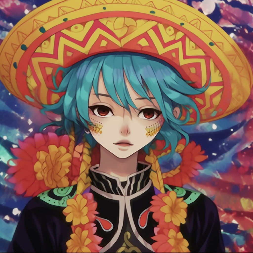 Close-up portrait of Mexican folklore spirit, showcasing vibrant color contrasts and intricate facial expressions. inspiring mexican anime pfp designs pfp for discord.