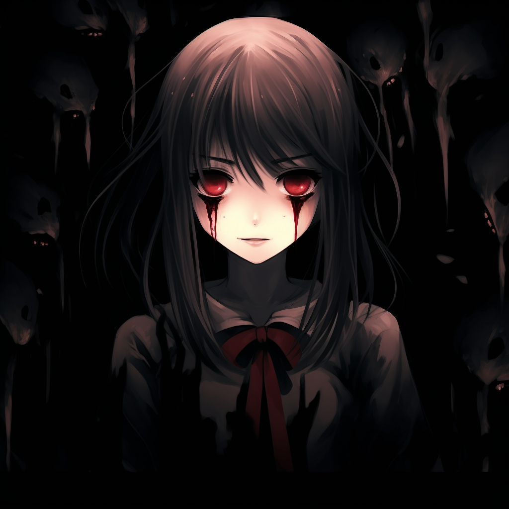 Phantasmal girl staring straight, center focus with dark shadows. phantasmal girl scary anime pfp pfp for discord.