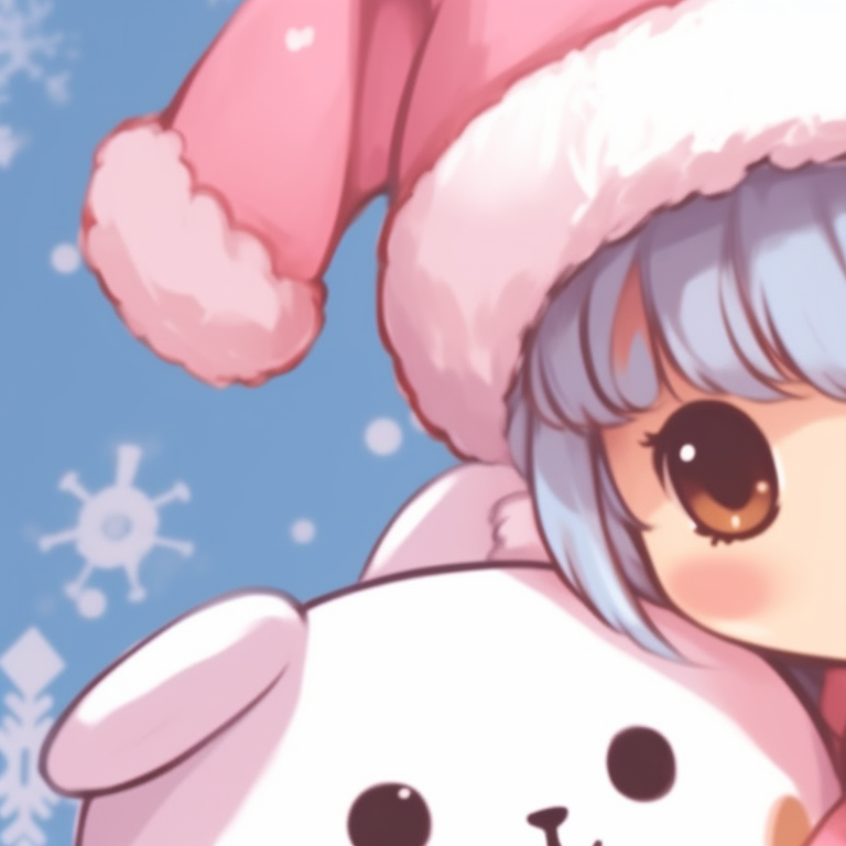 Two characters ensconced in a snowy blanket, pastel colors and soft shading. unforgettable matching my melody christmas profile pictures pfp for discord.