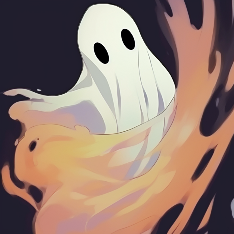 Two characters, warm glow from the candlelight and shifting shadows, ghost forms merging. ghost pfp design series for halloween theme pfp for discord.