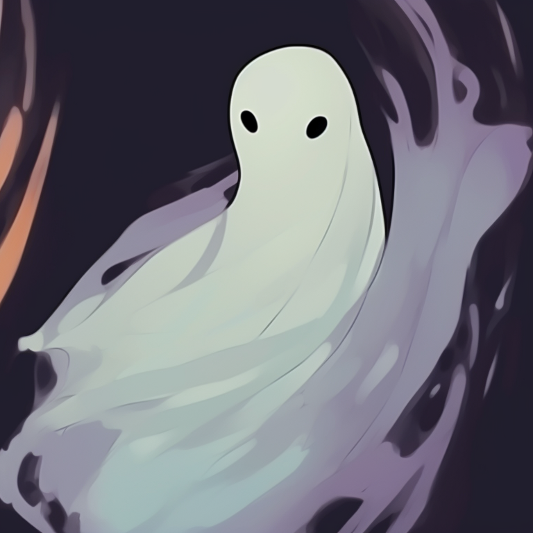 Two characters, warm glow from the candlelight and shifting shadows, ghost forms merging. ghost pfp design series for halloween theme pfp for discord.