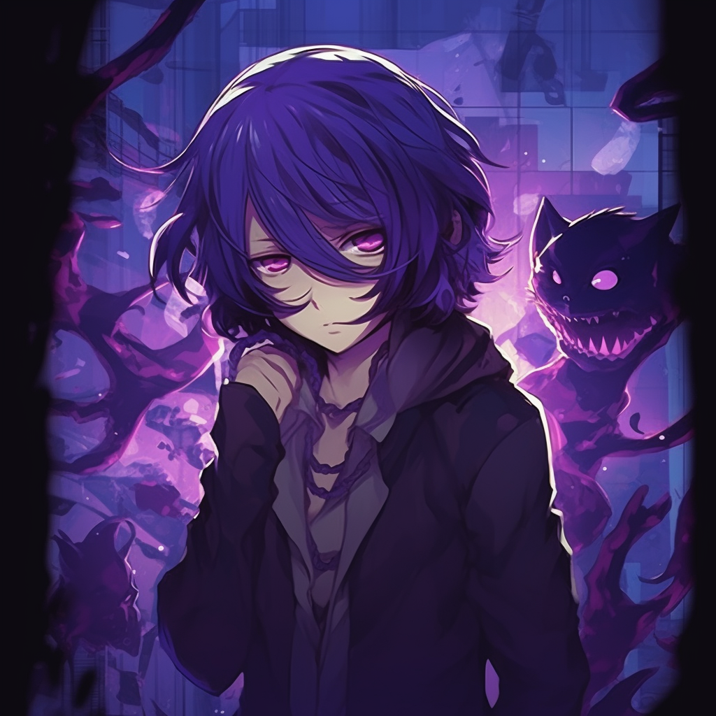 A melancholic image of Kokichi Ouma with somber purples and blacks, evoking a sense of solitude animated purple characters pfp pfp for discord.