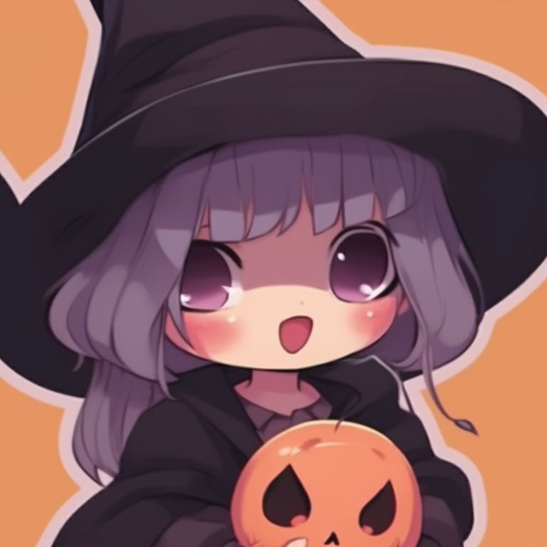 Two characters in witch costumes, featuring muted colors and cute stylized design. cute halloween pfp matching pfp for discord.