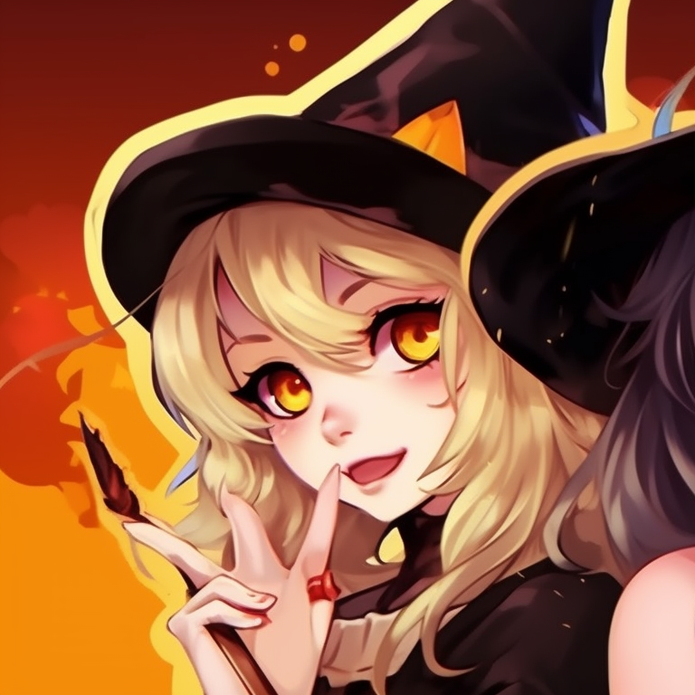 Two characters sporting candy corn motif, bold colors and cheeky expressions. halloween theme matching pfp creation pfp for discord.