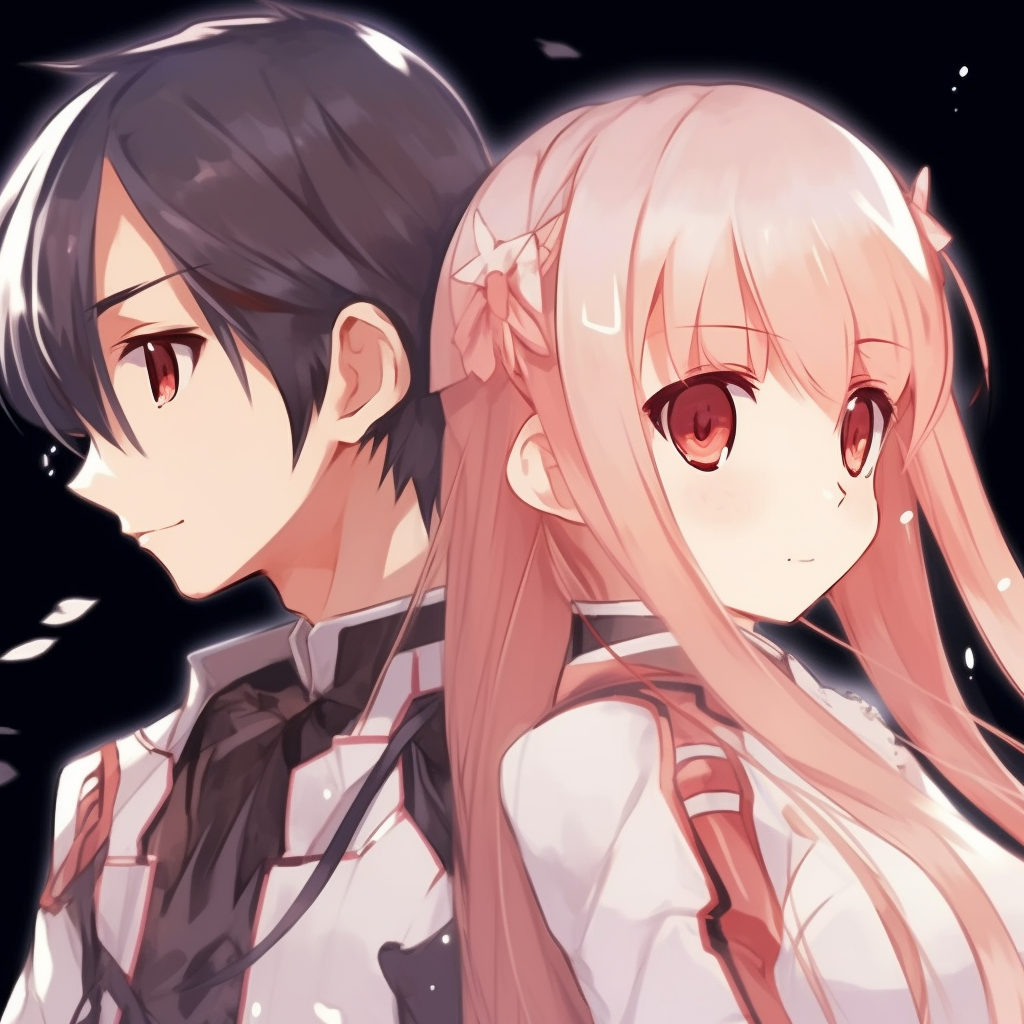 Kirito and Asuna from Sword Art Online, high-quality linework and vivid colors. adorable anime couples matching pfp
