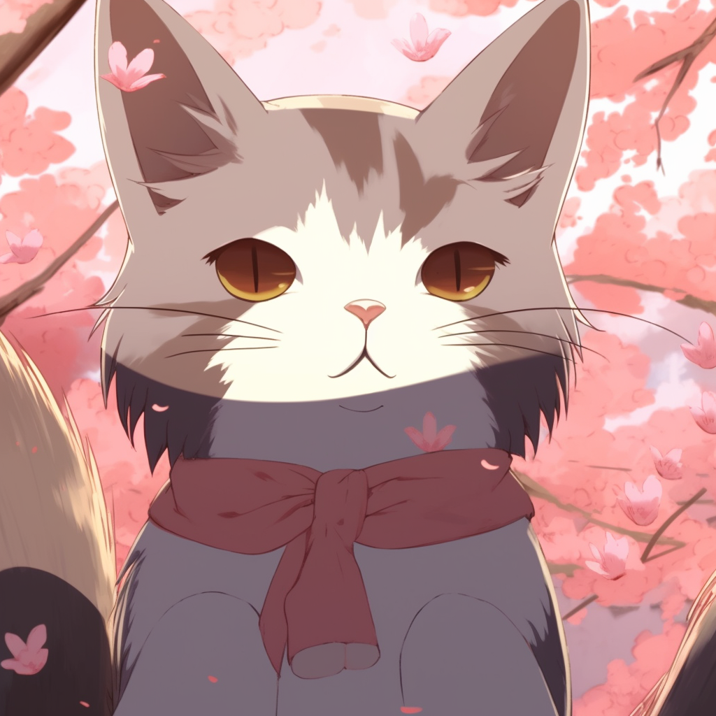Anime cat in a classic sakura blossoms scene, warm tones and vivid colors. entirely cute anime cat pfp