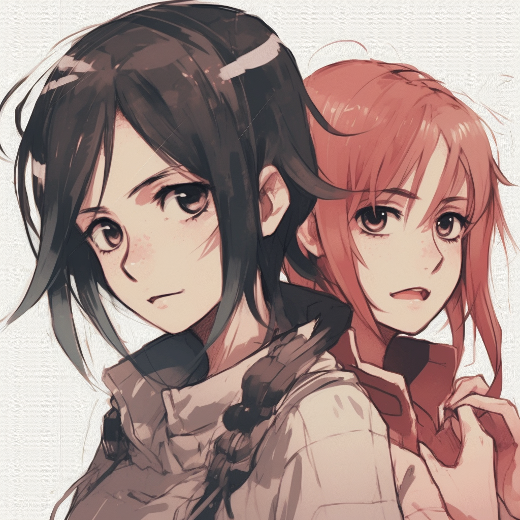 Eren Yeager and Mikasa Ackerman from Attack on Titan, detailed linework and muted color palette. anime matching pfp for two friends: popular styles