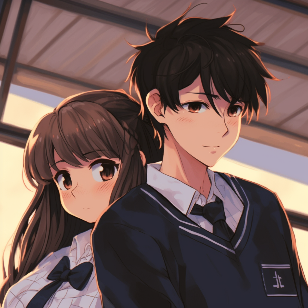 Anime couple sharing an umbrella during rain, emphasizing textures and reflections on the wet surfaces and blending cool color palettes. assortment of anime matching pfp couple