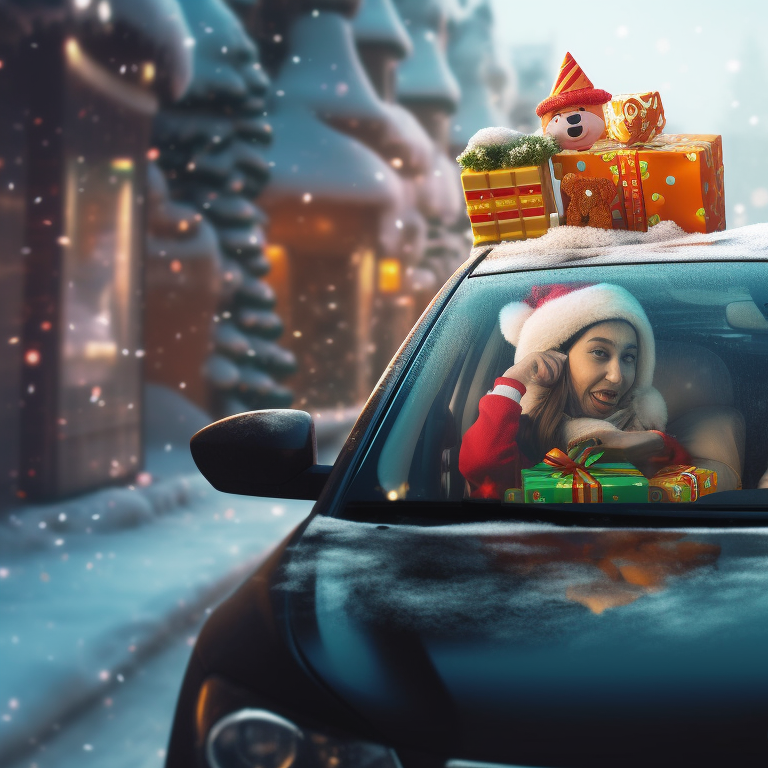 Snow-covered Christmas cars, red and green accents, two figures warmly dressed. stunning matching christmas car collections pfp for discord.