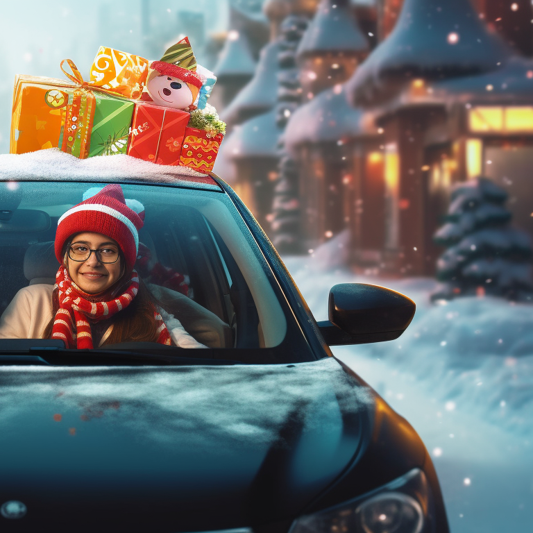 Snow-covered Christmas cars, red and green accents, two figures warmly dressed. stunning matching christmas car collections pfp for discord.