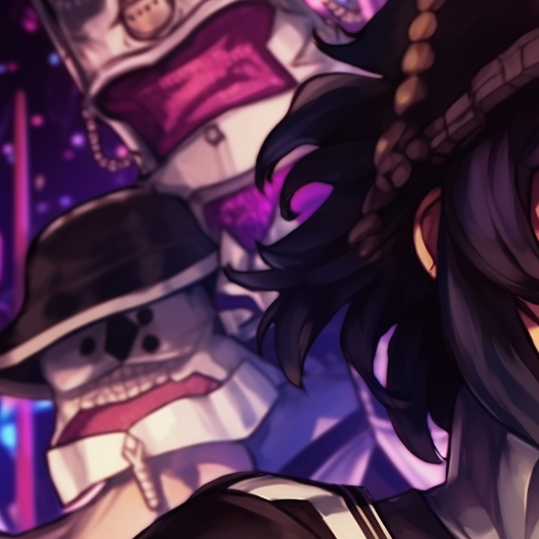 Close-up of two characters, one with a wicked smile and the other with a mischievous wink, highlighting the uncanny Halloween atmosphere. themed danganronpa matching pfp pfp for discord.