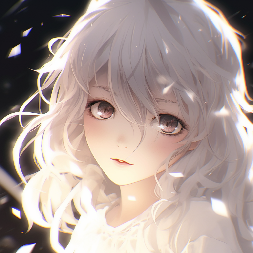 Anime Princess amidst the snow, her silver hair blending with the white scenery, her eyes a striking contrast. anime pfp girl with white charm