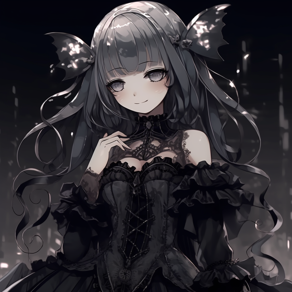Character with a twisted smile, portrayed in monochrome style adding a grim atmosphere. unforgettable gothic anime characters pfp