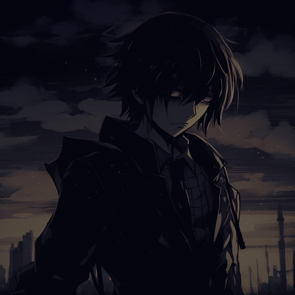 An anime character at night, captured in a dynamic stance which is crisply offset by the backdrop of dark shadows and cold color tones. darkness anime pfp characters pfp for discord.