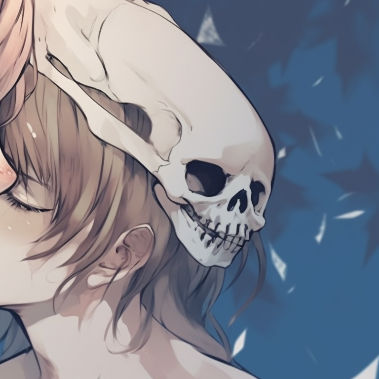 Two skeleton characters with an interlocked gaze, amidst falling snowflakes and holiday ornaments. lovers in the afterlife - matching christmas skeleton pfp kissing pfp for discord.